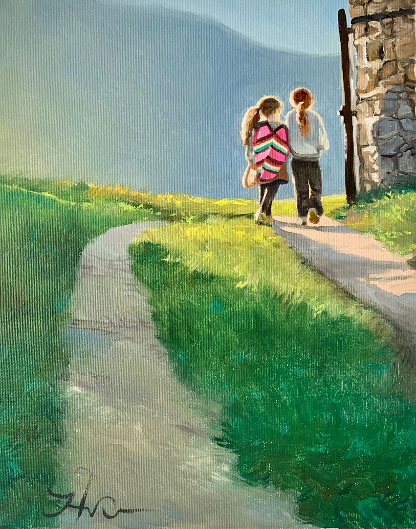 Two sisters on a spring evening walk w zussen en een wandeling - olie op paneel